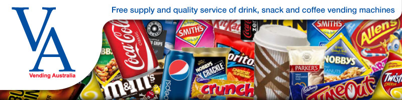 The Vending Australia Logo with Tagline - 
            Free supply and quality service of drink, snack and coffee vending machines. Together with a large selection of 
            Chips: Doritos, Smiths, red rock deli, Twisties and Burger Rings; Choclates: M&Ms, Crunchie, Timeout Bar, 
            Together with Coca-cola, pepsi Coffee, Nobbys Nuts And parkers Pretzels.