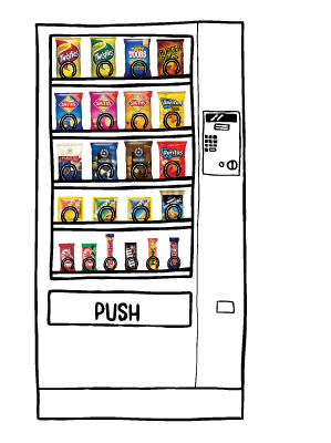 Drawing of a vending machine containing: Twisties, Toobs, Burger Rings, Smiths Chips, Doritos,
Parkers Pretzel, red Rock Deli Chips, Nobbys Nuts, Kit Kat, Crunchie Bar, M&Ms, Picnic Bar, And Time Out Bar